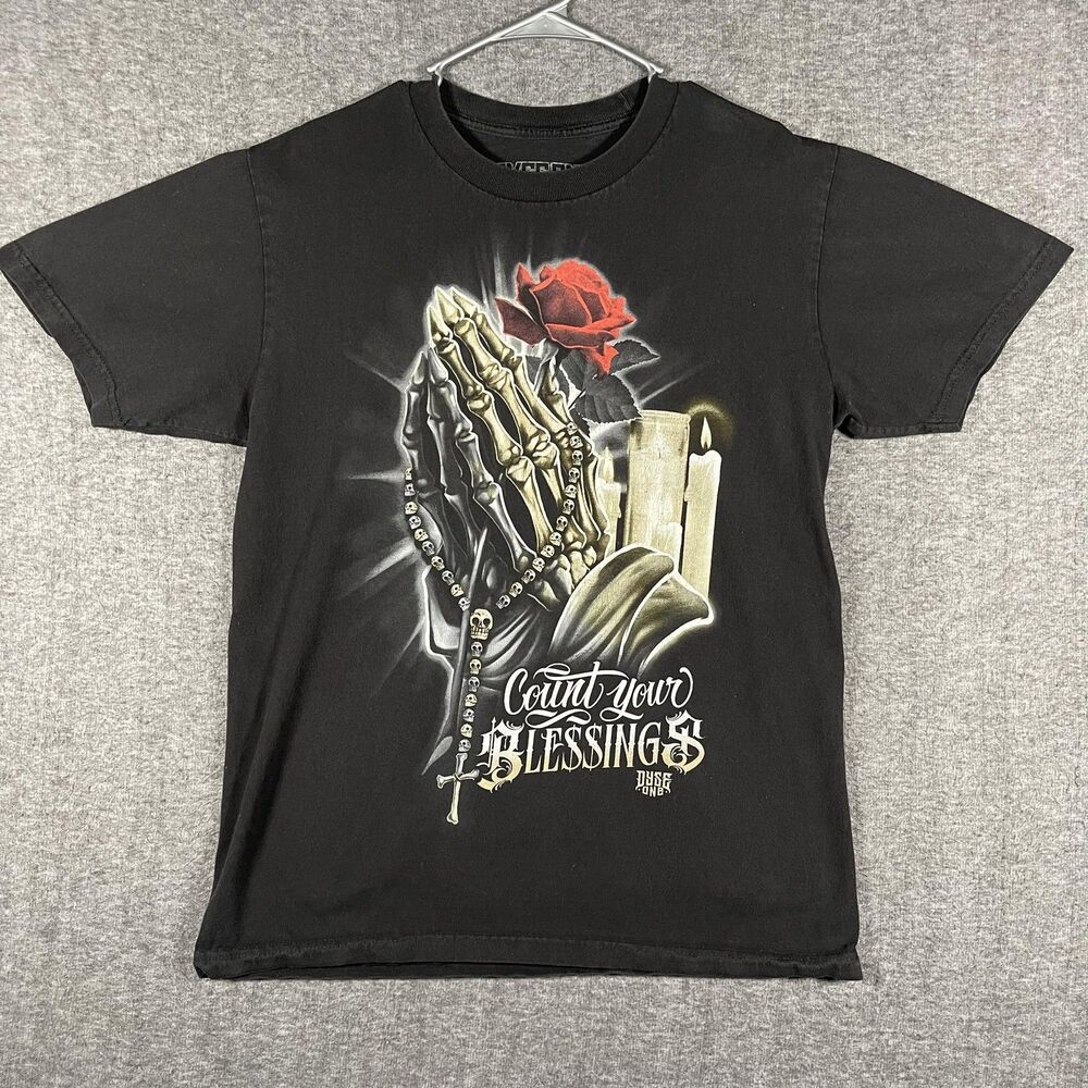 DyseOne Count Your Blessings Shirt Mens Large Black Skeleton Prayer Gothic Jesus